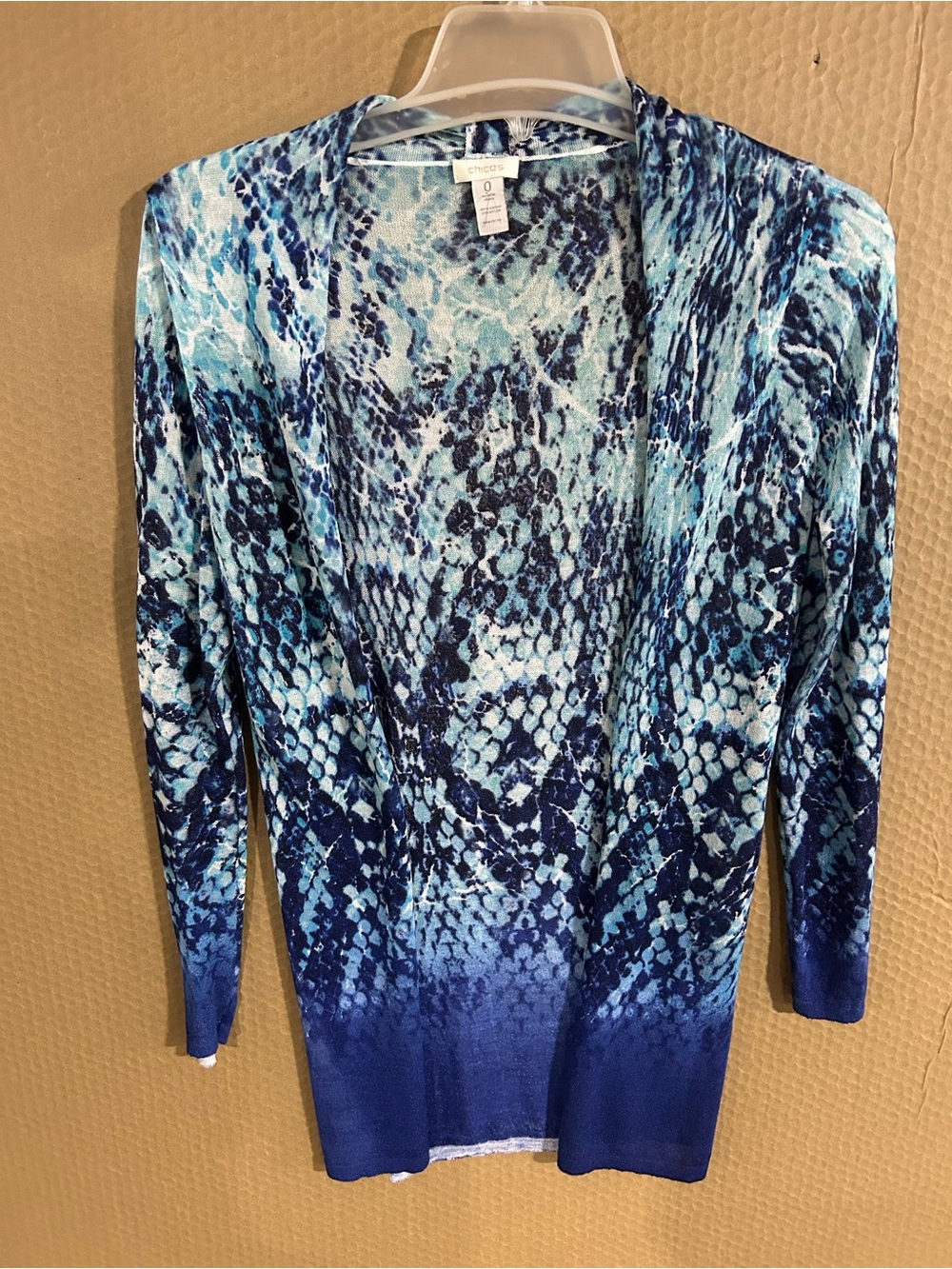 Chico's Blue Aqua Snake-Print Open Cardigan